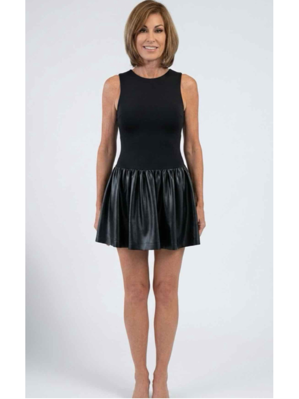 Alice + Olivia Arden Drop-Waist Vegan Leather Mixed Media Mini Dress Size 6, NWT